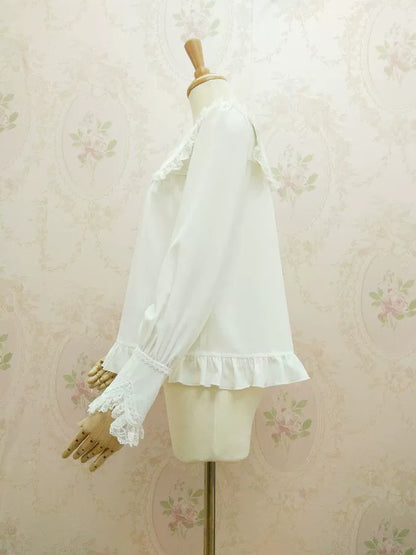 Yilia - Solid Sweet Lolita Shirt, Lace Square Neckline