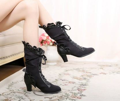 Sosic - Meteorite's Wound - Winter Gothic Lolita Boots Dark Velvet Mid-Calf Heels