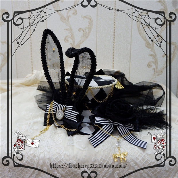 Fox cherry - Lolita Alice Clock Rabbit Ear Tulle Top Hat