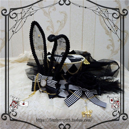 Fox cherry - Lolita Alice Clock Rabbit Ear Tulle Top Hat