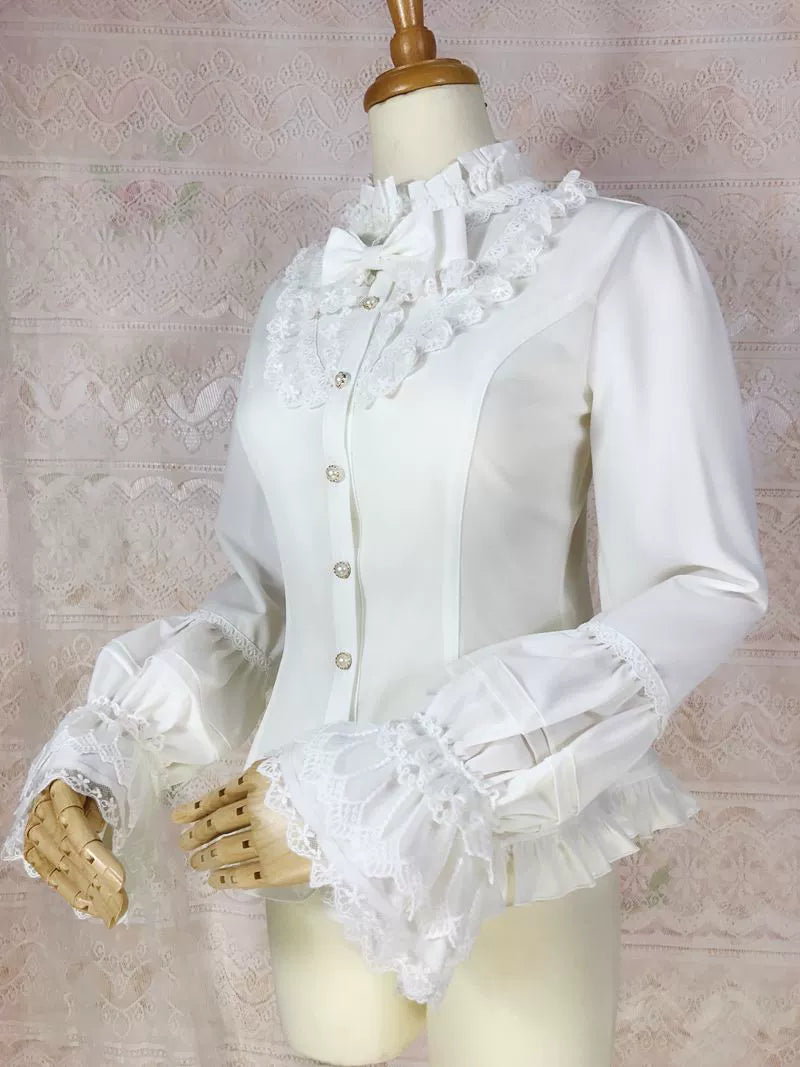 Yilia Lolita - Elegant Lolita Shirt Stand Collar Long Puff Sleeve Blouse
