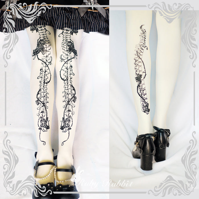 Ruby Rabbit - Gothic Lolita Bone and Rose Print Pantyhose
