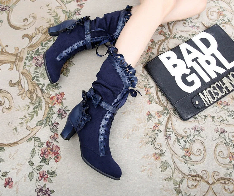 Sosic - Meteorite's Wound - Winter Gothic Lolita Boots Dark Velvet Mid-Calf Heels