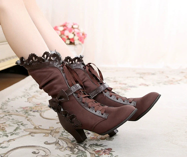 Sosic - Meteorite's Wound - Winter Gothic Lolita Boots Dark Velvet Mid-Calf Heels