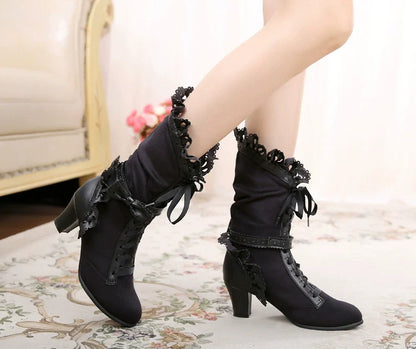 Sosic - Meteorite's Wound - Winter Gothic Lolita Boots Dark Velvet Mid-Calf Heels