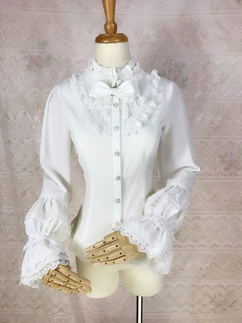 Yilia Lolita - Elegant Lolita Shirt Stand Collar Long Puff Sleeve Blouse