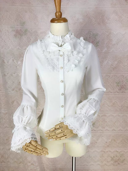 Yilia Lolita - Elegant Lolita Shirt Stand Collar Long Puff Sleeve Blouse