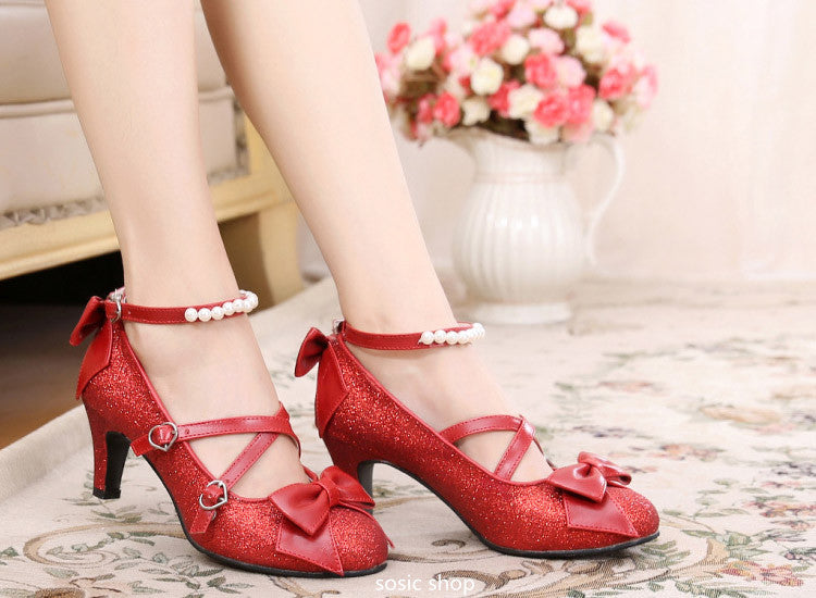 Sosic shop - Japanese Style Sequins Bow High Heels