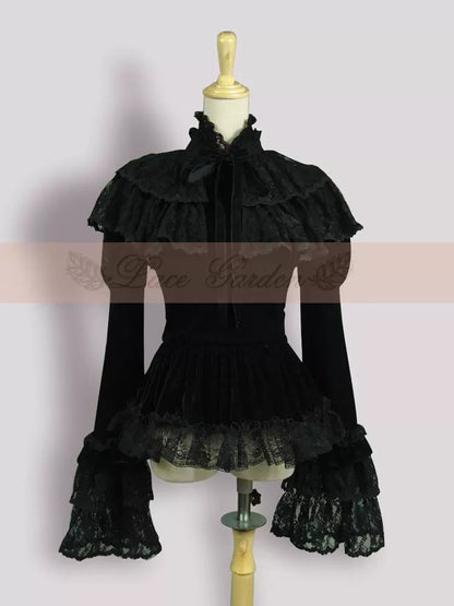 Lace Garden - Black Lolita Cape Velvet Winter Lolita Short Shirt