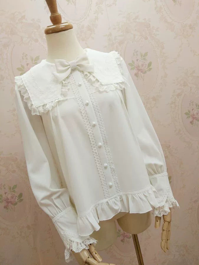 Yilia - Solid Sweet Lolita Shirt, Lace Square Neckline