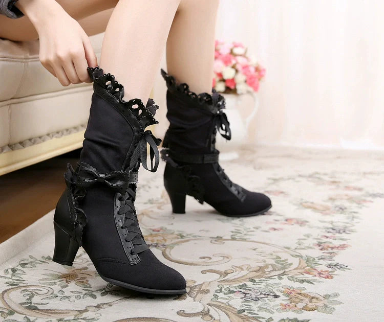 Sosic - Meteorite's Wound - Winter Gothic Lolita Boots Dark Velvet Mid-Calf Heels