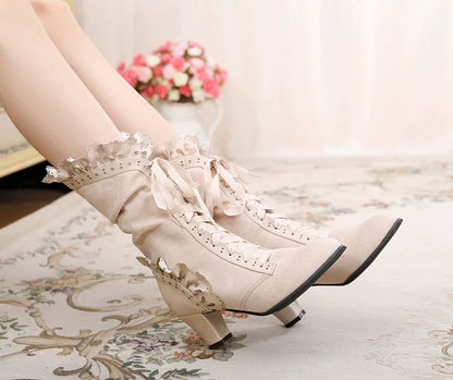 Sosic - Meteorite's Wound - Winter Gothic Lolita Boots Dark Velvet Mid-Calf Heels