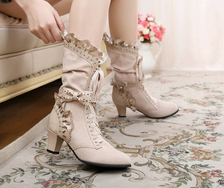 Sosic - Meteorite's Wound - Winter Gothic Lolita Boots Dark Velvet Mid-Calf Heels