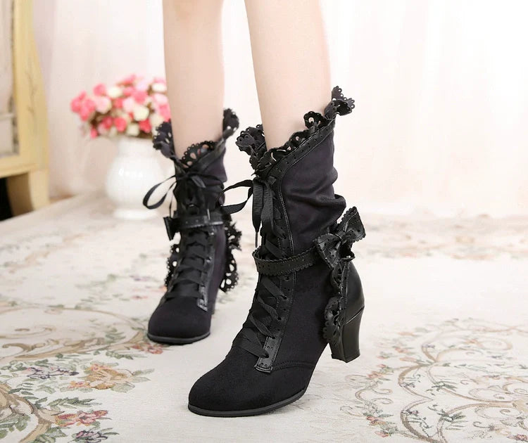 Sosic - Meteorite's Wound - Winter Gothic Lolita Boots Dark Velvet Mid-Calf Heels
