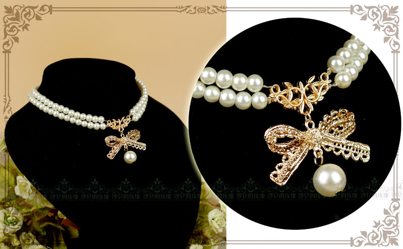 Rose of Sharon - Pearl Chain Lace Bow Lolita Kawaii Necklace