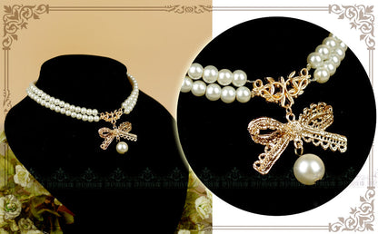 Rose of Sharon - Pearl Chain Lace Bow Lolita Kawaii Necklace