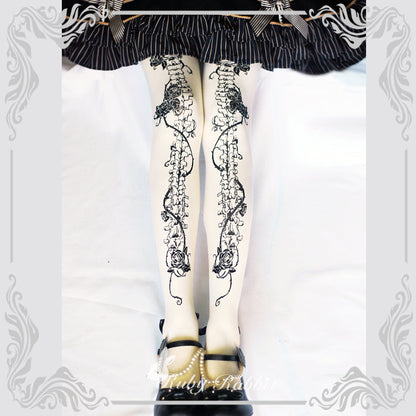 Ruby Rabbit - Gothic Lolita Bone and Rose Print Pantyhose