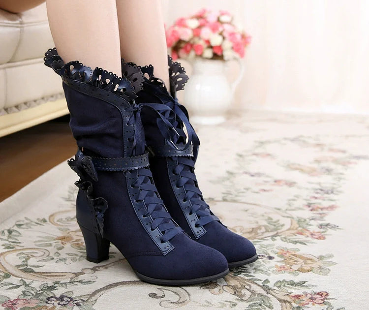 Sosic - Meteorite's Wound - Winter Gothic Lolita Boots Dark Velvet Mid-Calf Heels