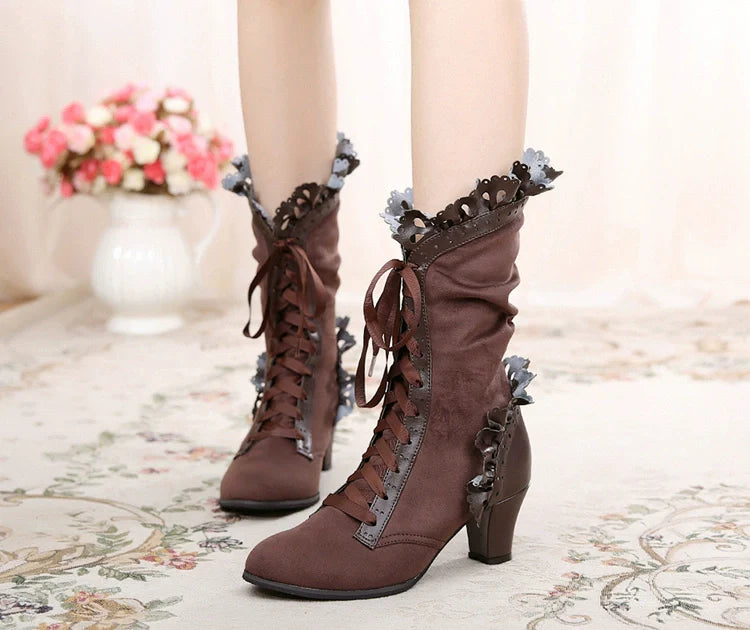 Sosic - Meteorite's Wound - Winter Gothic Lolita Boots Dark Velvet Mid-Calf Heels