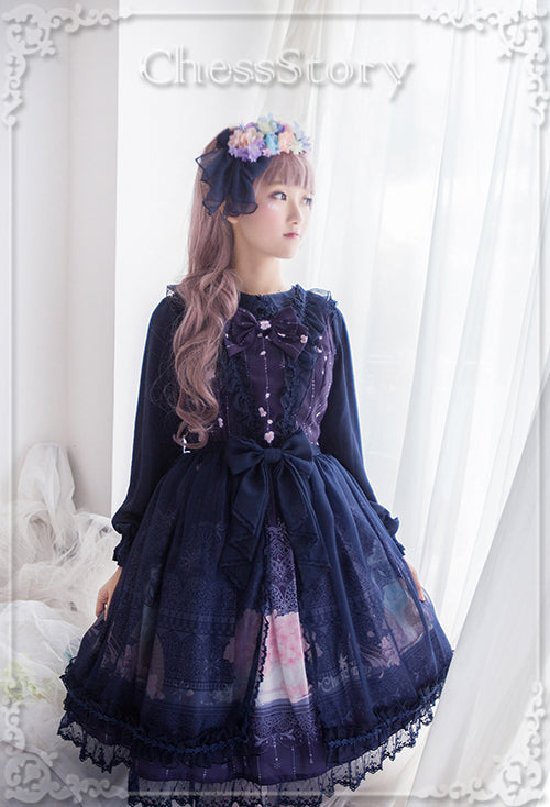 Chess Story - Peach blossom And Snow - Sweet Lolita Bow Overskirt Multicolor