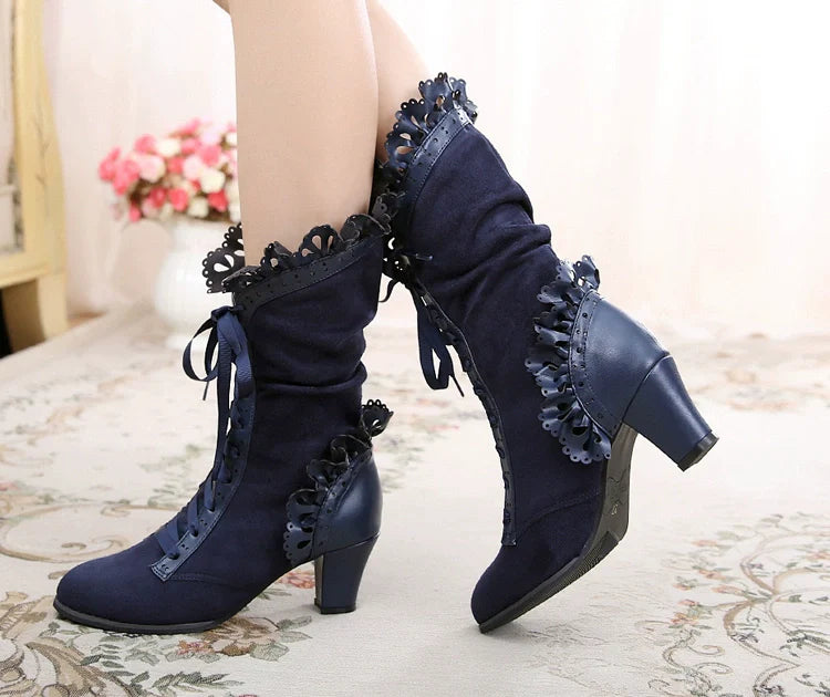 Sosic - Meteorite's Wound - Winter Gothic Lolita Boots Dark Velvet Mid-Calf Heels