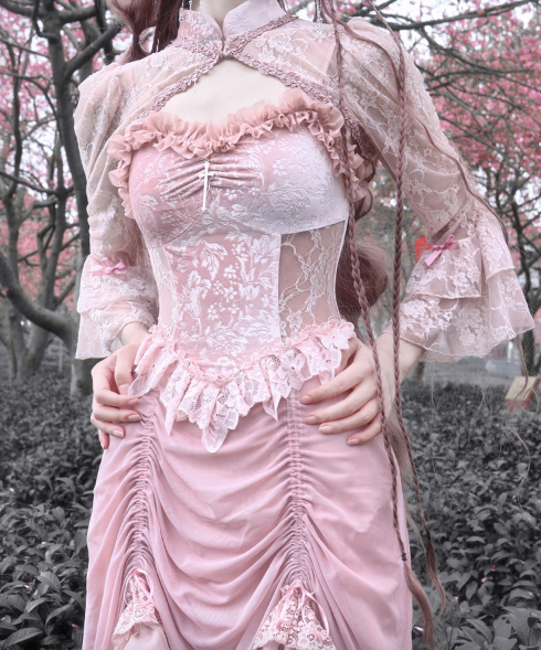 Blood Supply - Sakura Nightmare - Pink Gothic Velvet Drawstring Dress