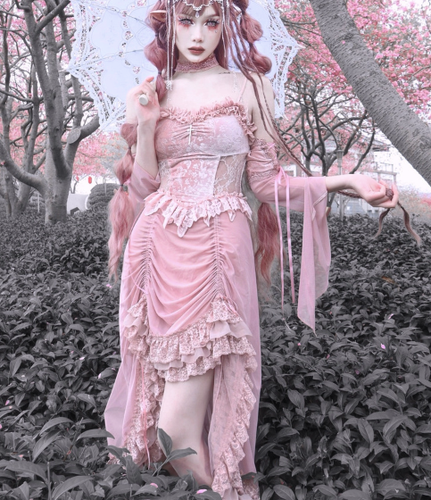 Blood Supply - Sakura Nightmare - Pink Gothic Velvet Drawstring Dress