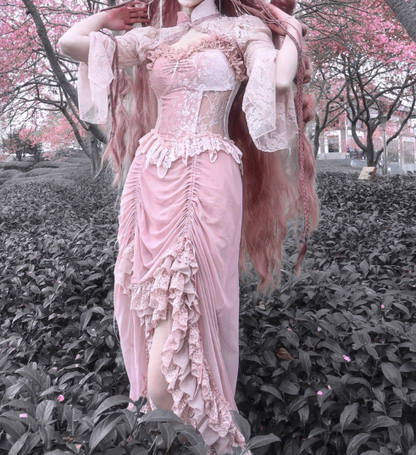 Blood Supply - Sakura Nightmare - Pink Gothic Velvet Drawstring Dress