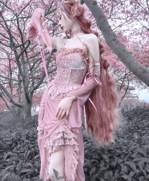 Blood Supply - Sakura Nightmare - Pink Gothic Velvet Drawstring Dress