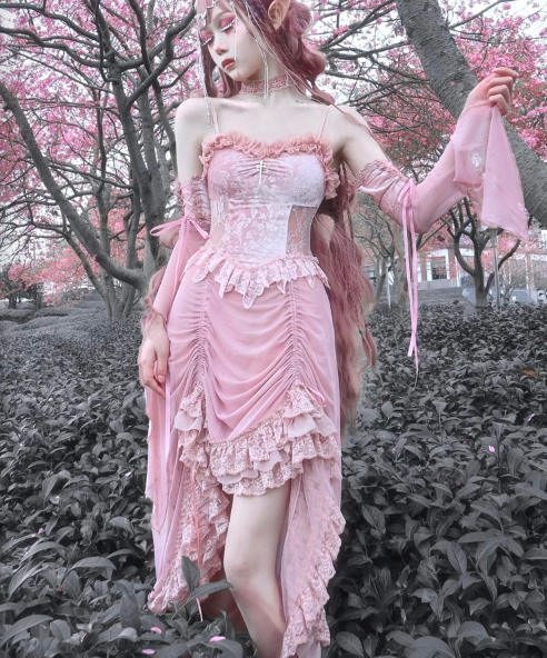 Blood Supply - Sakura Nightmare - Pink Gothic Velvet Drawstring Dress