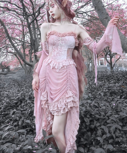 Blood Supply - Sakura Nightmare - Pink Gothic Velvet Drawstring Dress