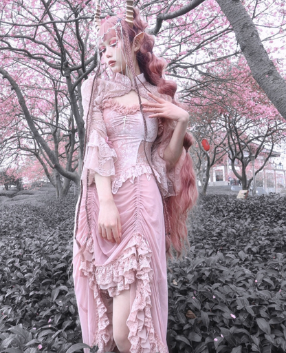 Blood Supply - Sakura Nightmare - Pink Gothic Velvet Drawstring Dress