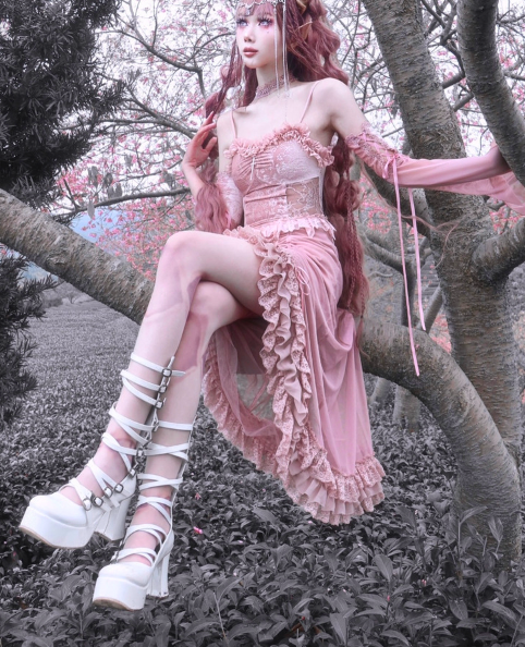 Blood Supply - Sakura Nightmare - Pink Gothic Velvet Drawstring Dress