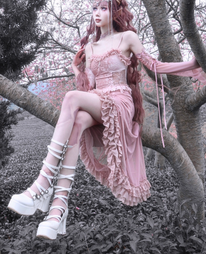 Blood Supply - Sakura Nightmare - Pink Gothic Velvet Drawstring Dress