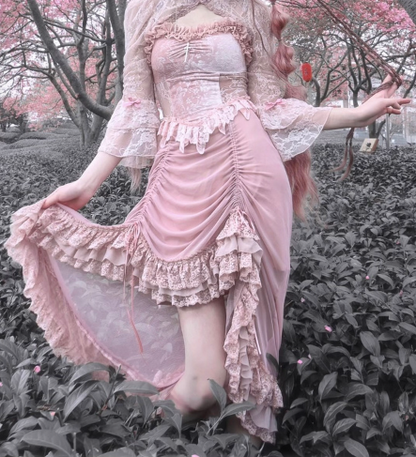 Blood Supply - Sakura Nightmare - Pink Gothic Velvet Drawstring Dress