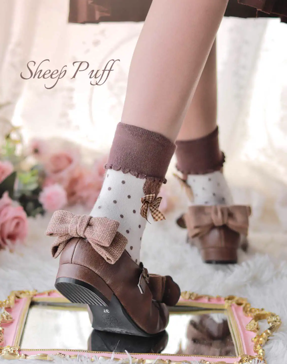 Sheep Puff - Bear Room - Sweet Lolita Shoes Double Bow Round Toe Flat Shoes