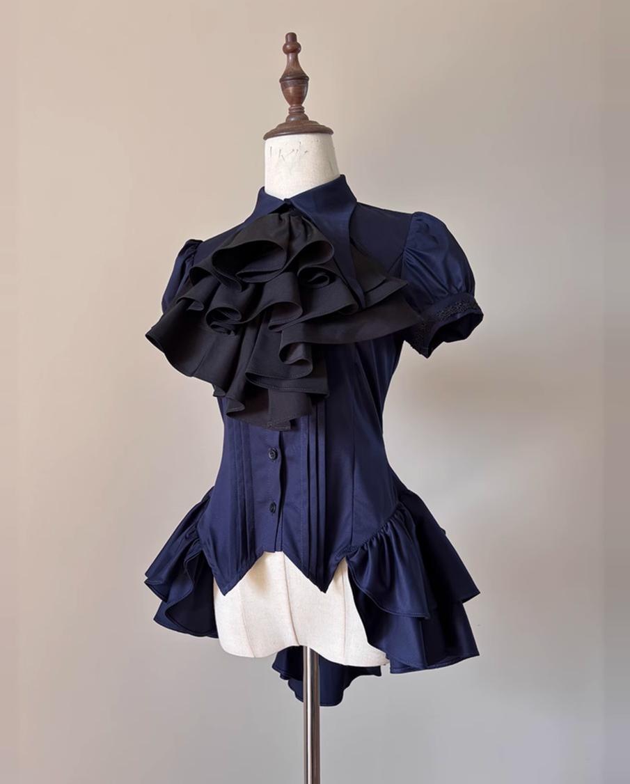 FlowerFairyDaily - Midnight Prayer - Solid Lolita Shirt with Flowing Tiered Back Hem