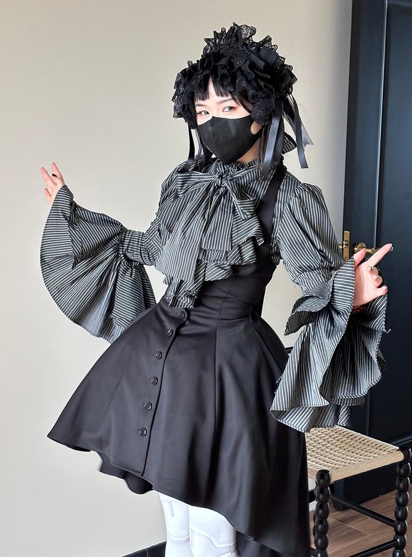 FlowerFairyDaily - Gothic Lolita Striped Shirt With Alternative NeckTie/Jabot