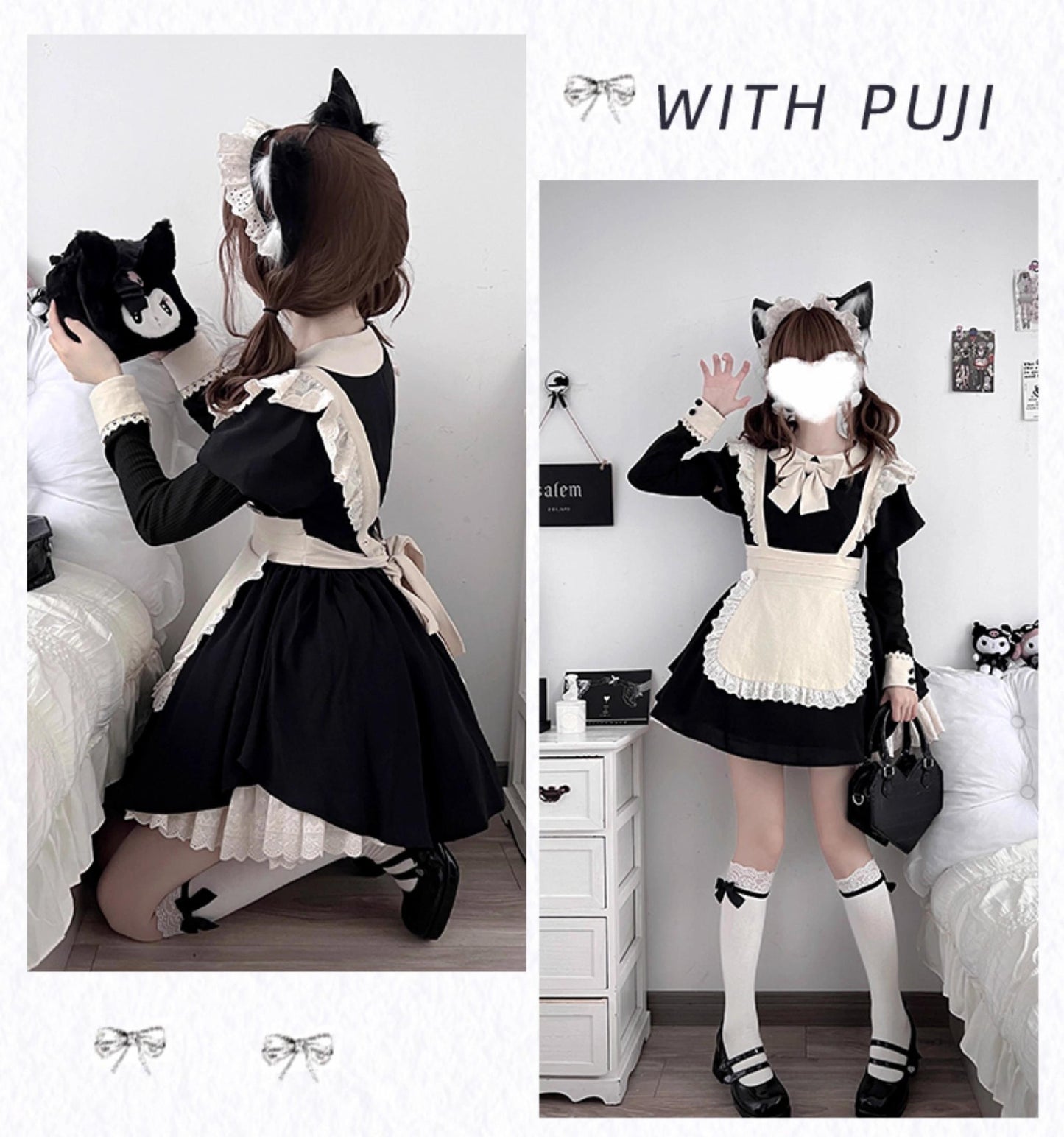 With PUJI - Kiss Kiss - Vintage Lolita OP Dress Maid Lolita Apron Dress