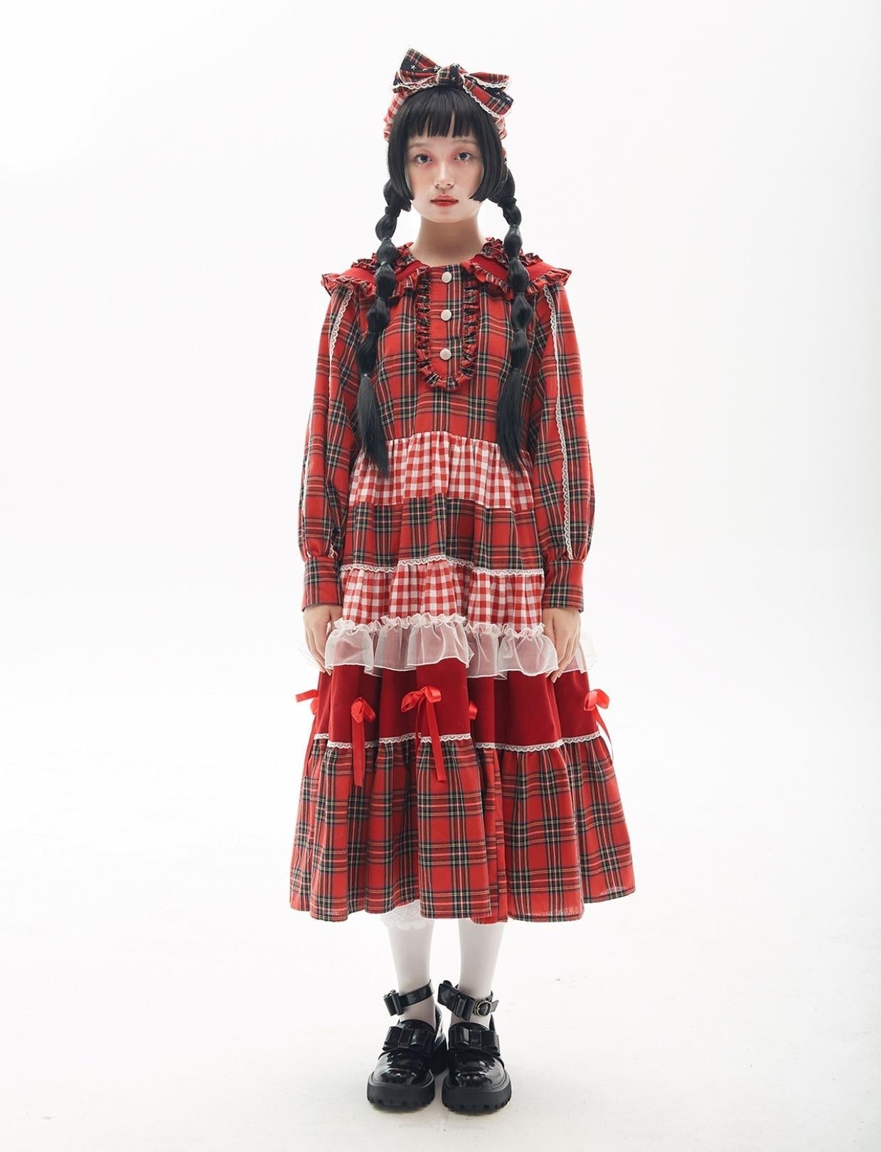 Soso Meme Club - Vintage Lolita OP Dress Red Lolita Plaid Dress for Spring Summer