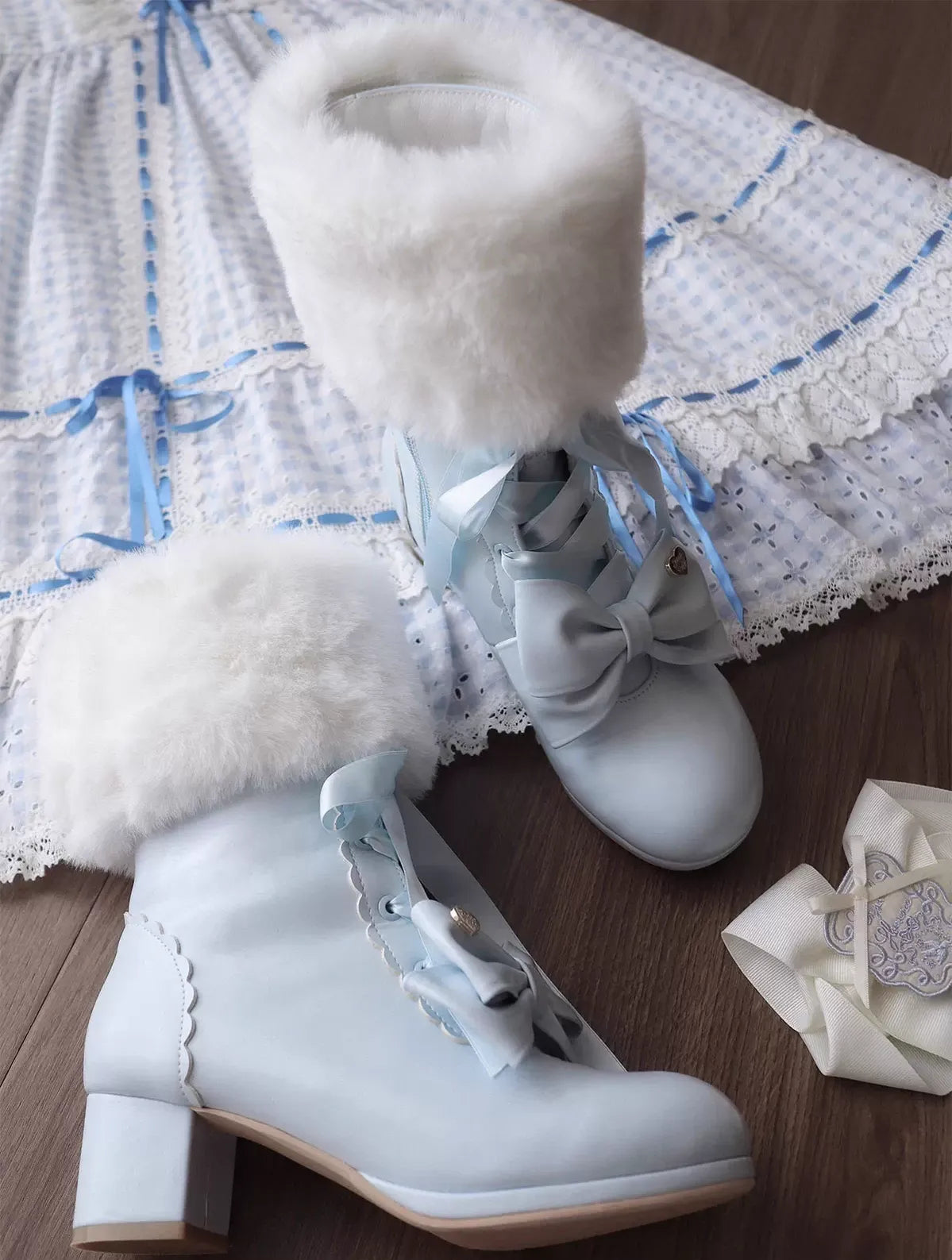 Sheep Puff - Snowy Mochi - Kawaii Lolita Winter Boots, Detachable Fur Trim
