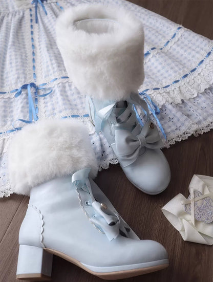 Sheep Puff - Snowy Mochi - Kawaii Lolita Winter Boots, Detachable Fur Trim