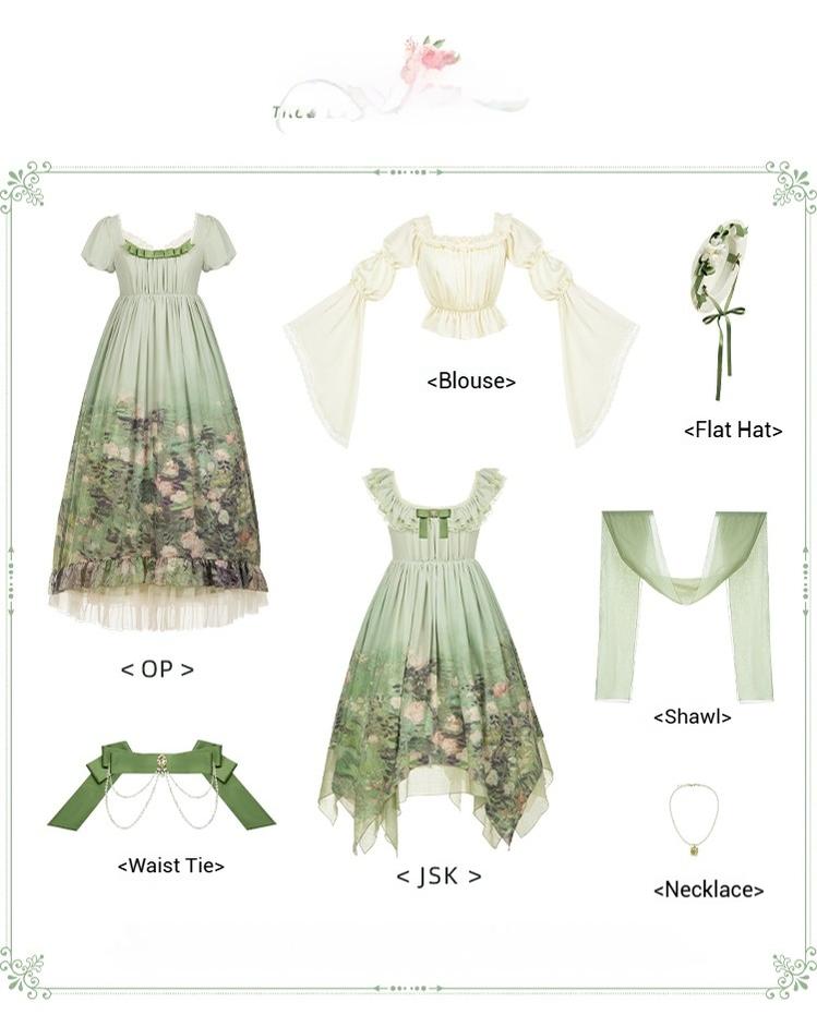 With PUJI - Blooming Rose - Chiffon Classic Lolita Dress Set Painting Styled OP & JSK