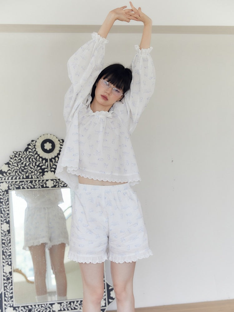 French Blue Kitten Print Relax Room Wear Set【s0000003571】