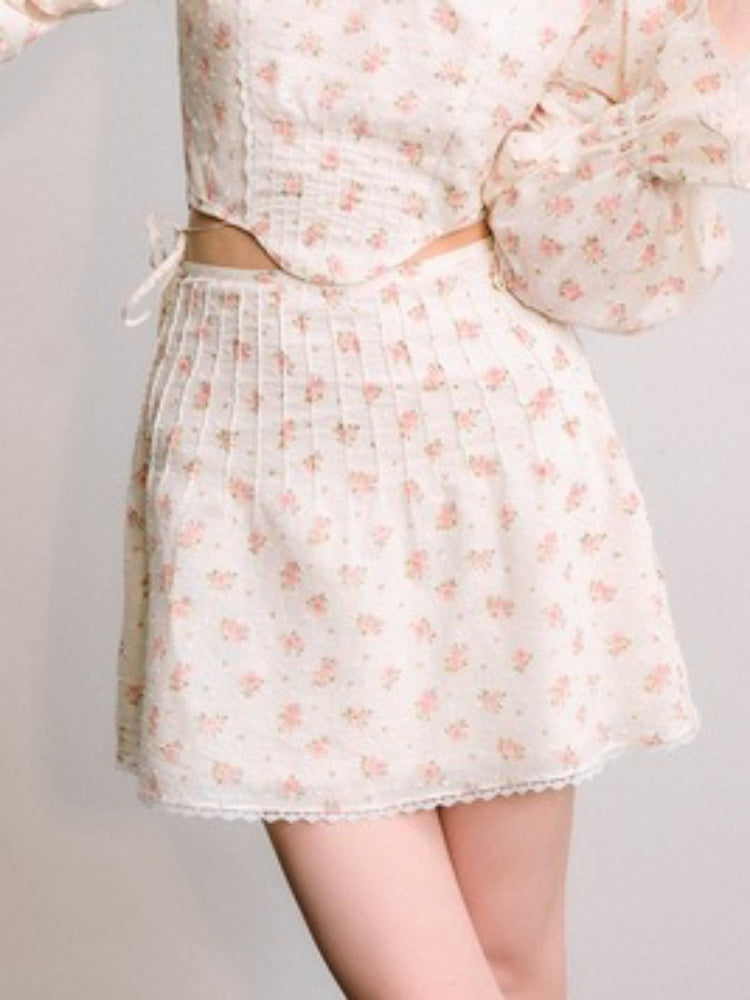 Floral Frill Collar Cropped Shirt ＆ A-Line Mini Skirt【s0000003850】