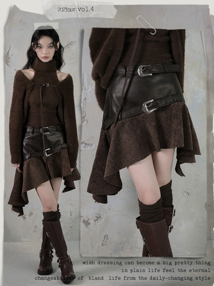 Belt Accent Irregular PU Leather Switching Mini Skirt【s0000004401】