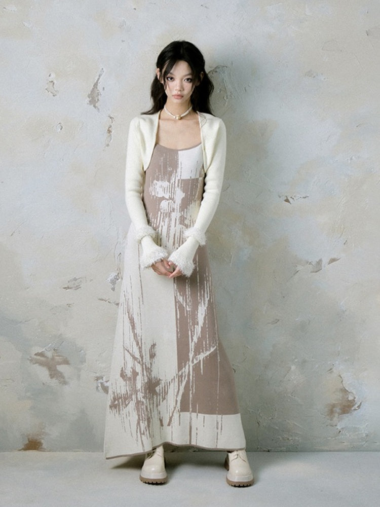 Flower Shadow Printed Suspender Dress & Bolero Cardigan【s0000004384】