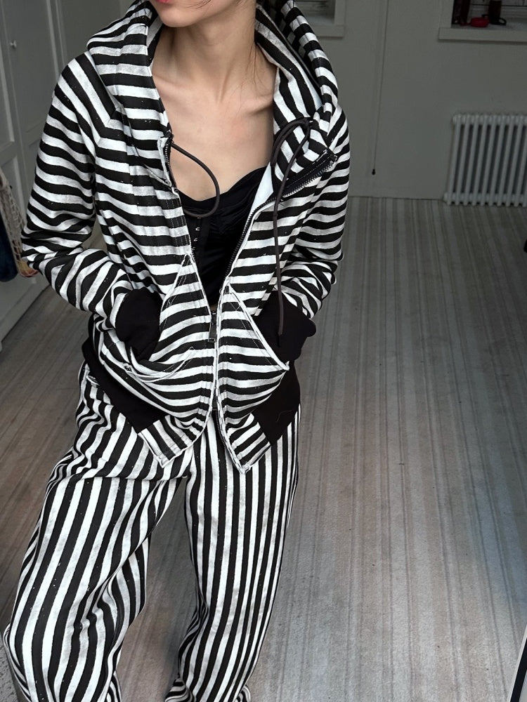 Striped Zipper Hooded Sweat Jacket & Pants Setup【s0000004162】