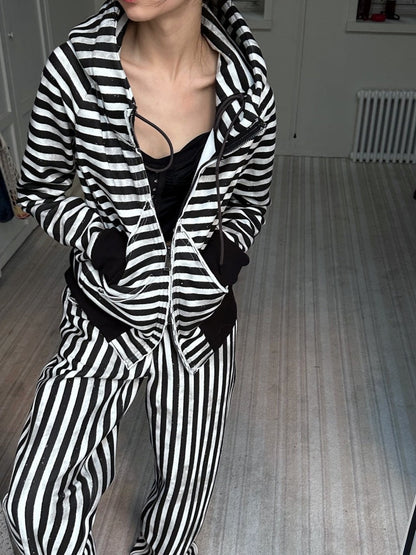 Striped Zipper Hooded Sweat Jacket & Pants Setup【s0000004162】
