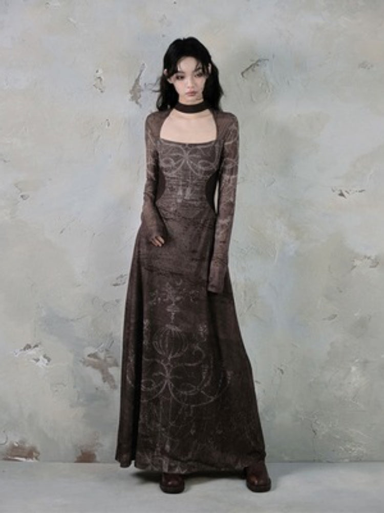 Square Neck Printed Waist Slim Long Dress【s0000004398】